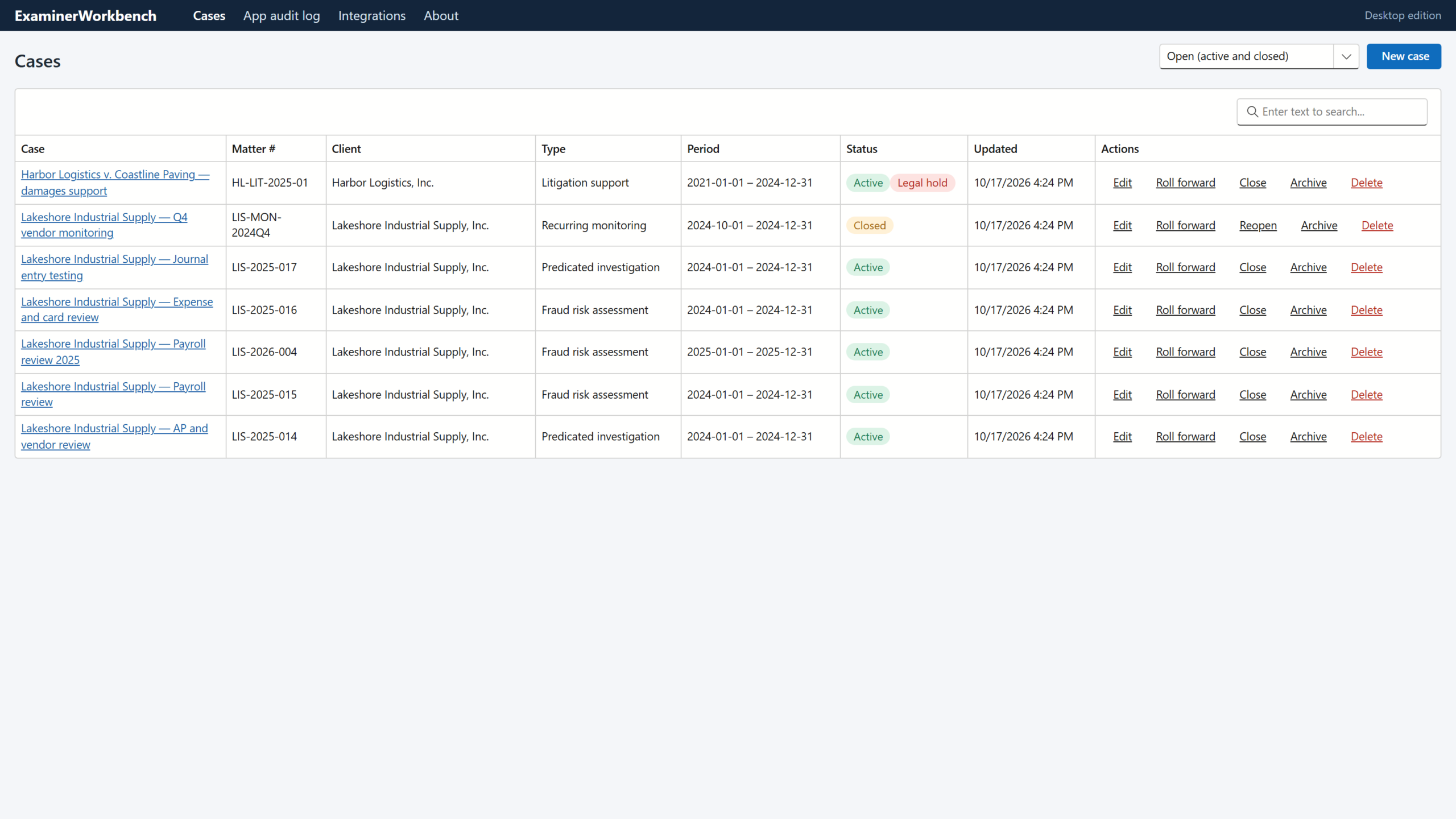 Case list showing active cases with selected schemes, data request progress and open exceptions