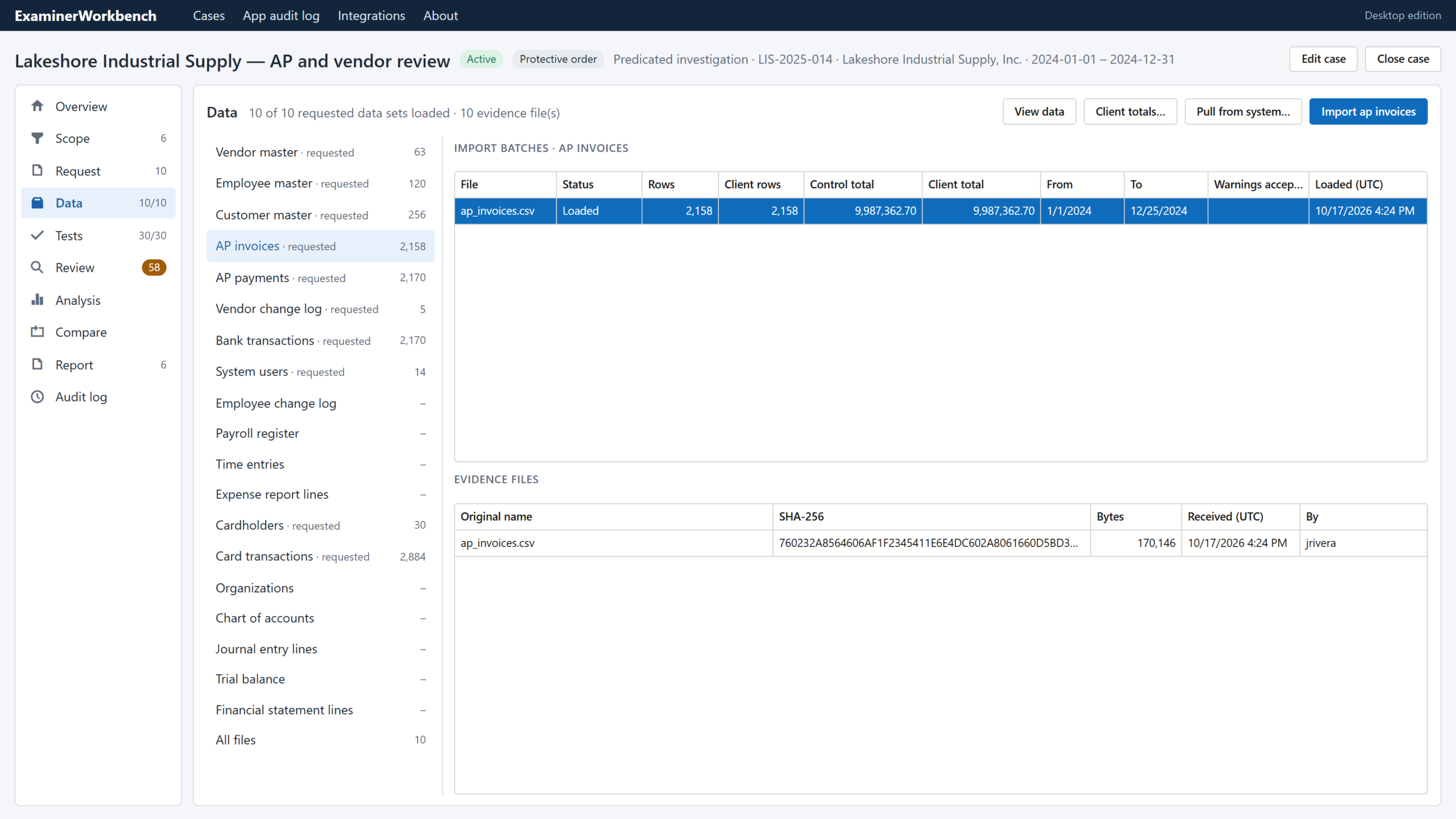 Evidence files with SHA-256 hashes and control totals compared with client-reported figures