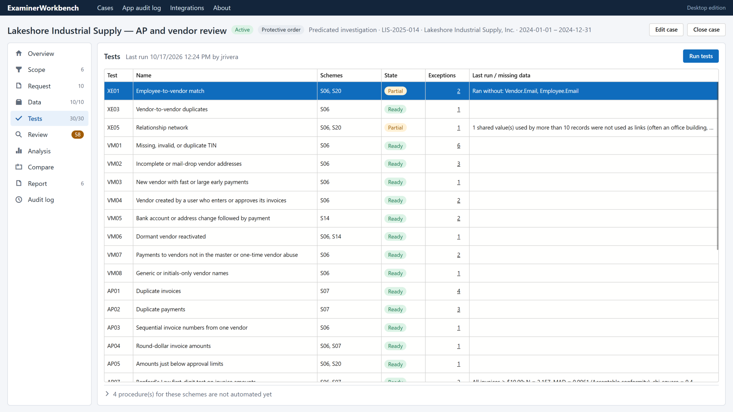 Test library showing each automated test as Ready, Partial or Blocked