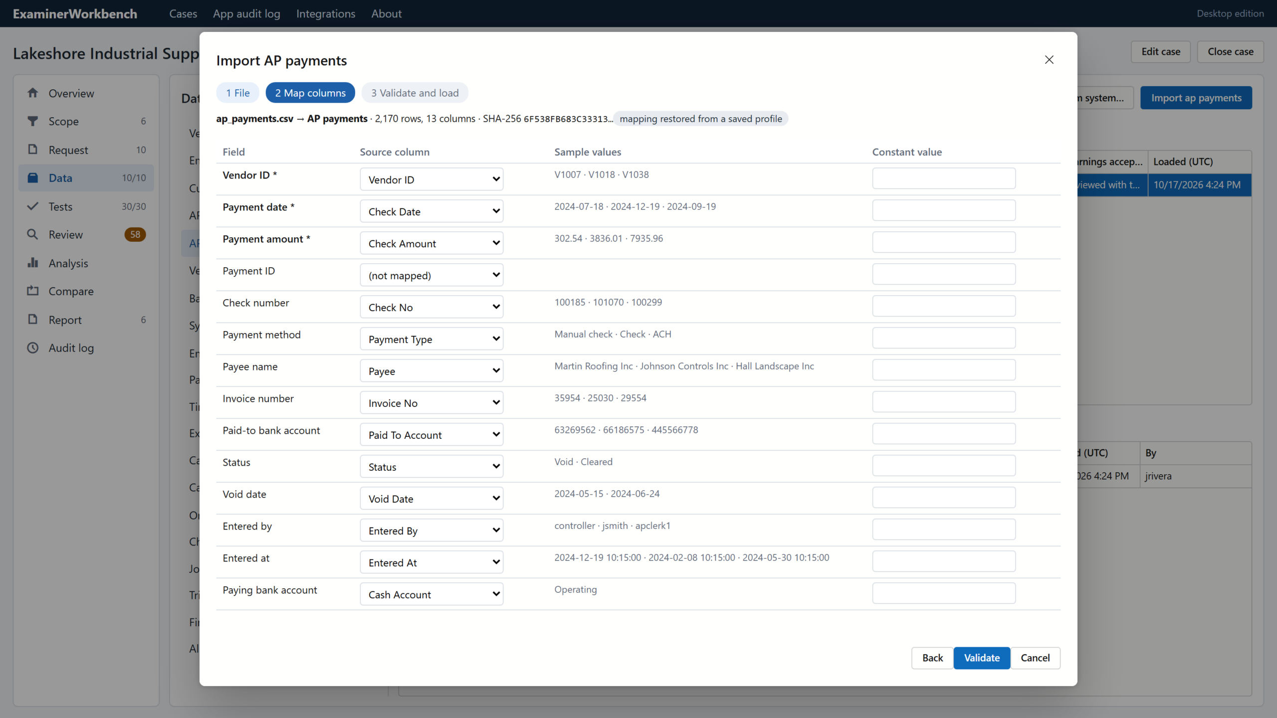 Import wizard mapping source file columns to common data model fields