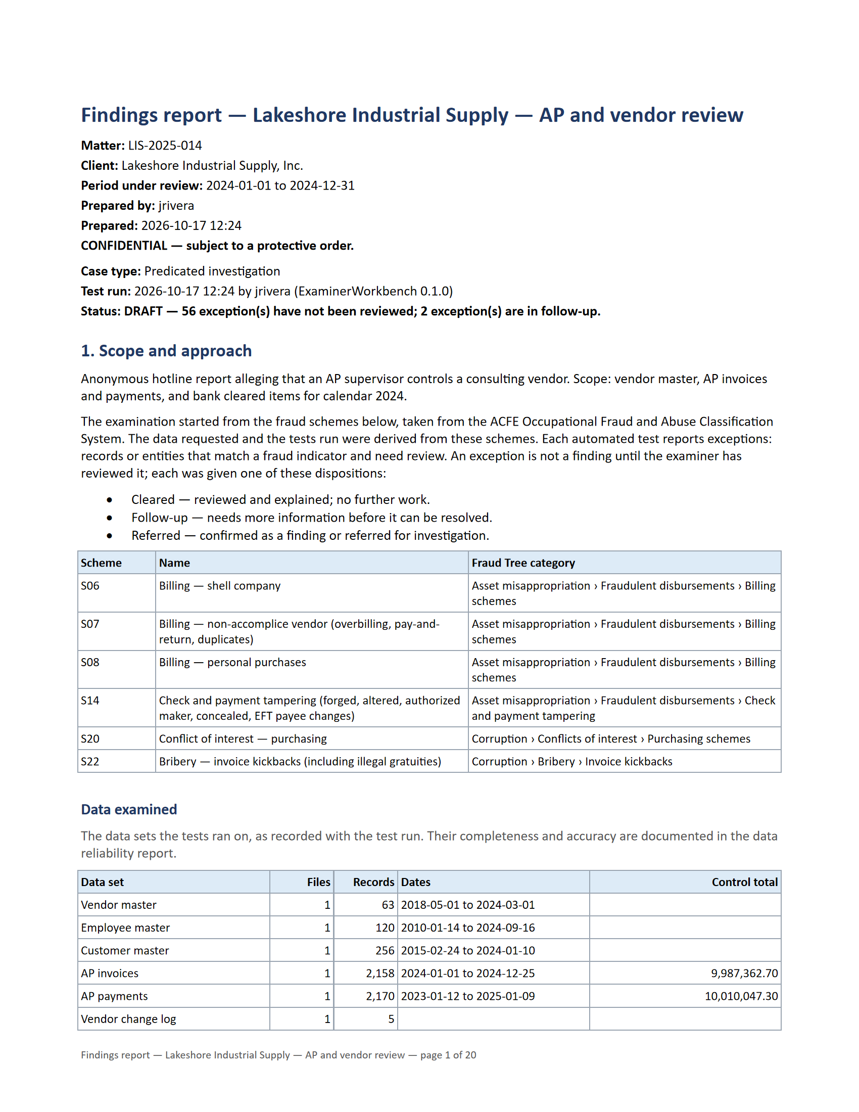First page of the findings report