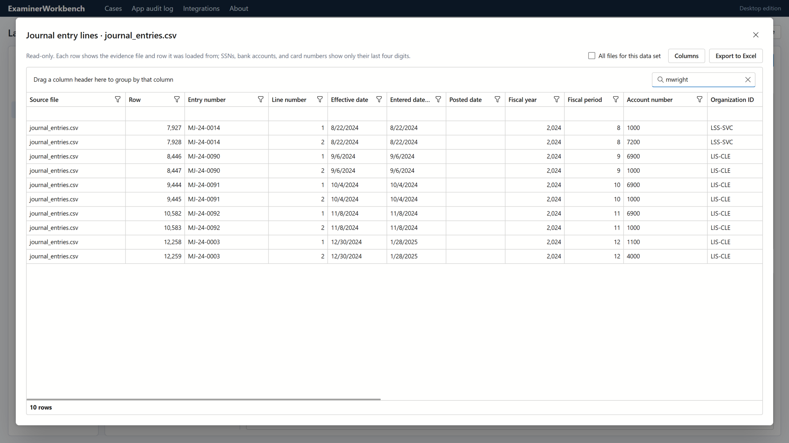 Read-only data viewer showing journal entry lines with column filters, grouping, a column chooser and Excel export