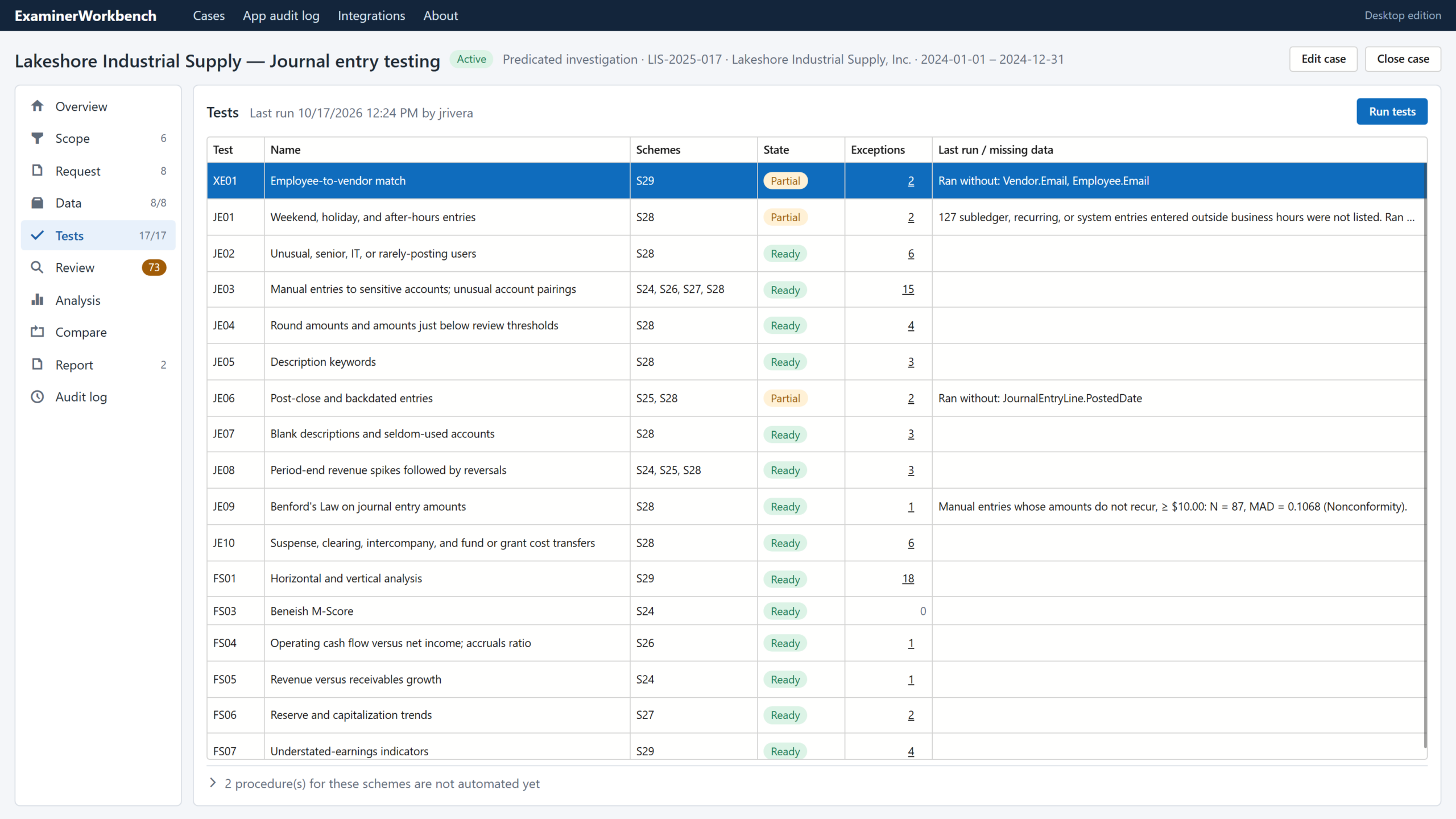 Tests screen for a journal entry testing case, listing each test with its state and exception count