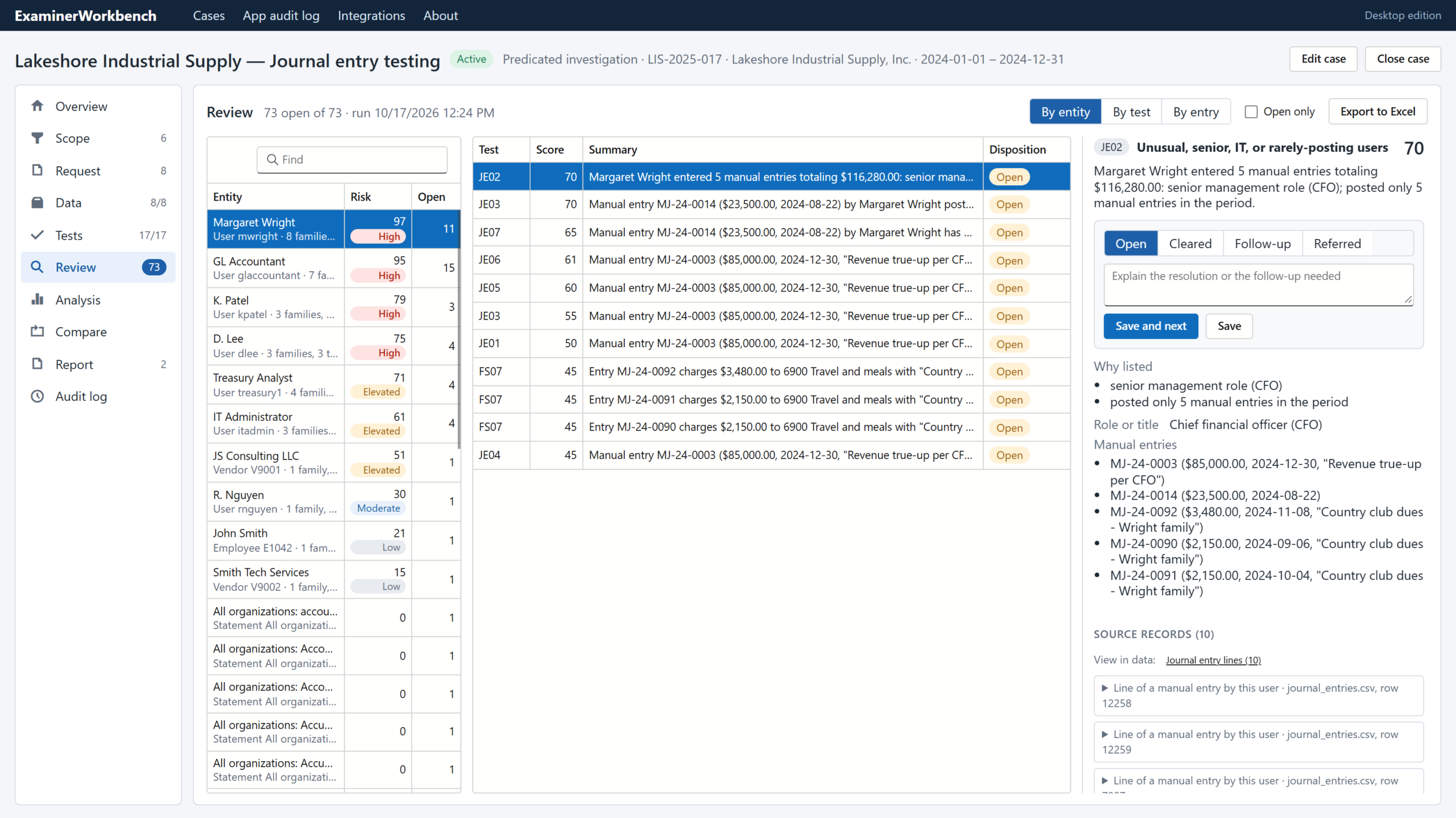 Three-pane review grouped by entity with risk scores, exceptions, and evidence with disposition controls
